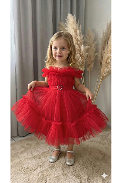 ay yılmaz Kız Çocuk Pürpür Abiye Elbise Ekstra Tül Detaylı Beli Lastikli KIRMIZI