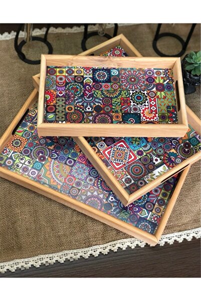 Pembelia Life Ahşap Çini Desenli 3’lu Servis Sunum Tepsisi Çeyizlik Tepsi Takımı
