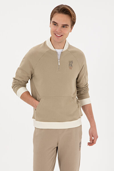 U.S. Polo Assn. Erkek Yarım Fermuarlı Comfort Fit Açık Haki Basic Sweatshirt ...