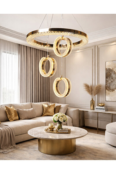EY-EL TASARIM ALYANS GOLD 3 TOPLU + ÇEMBER LEDLİ 3 RENK MODERN SARKIT AVİZE