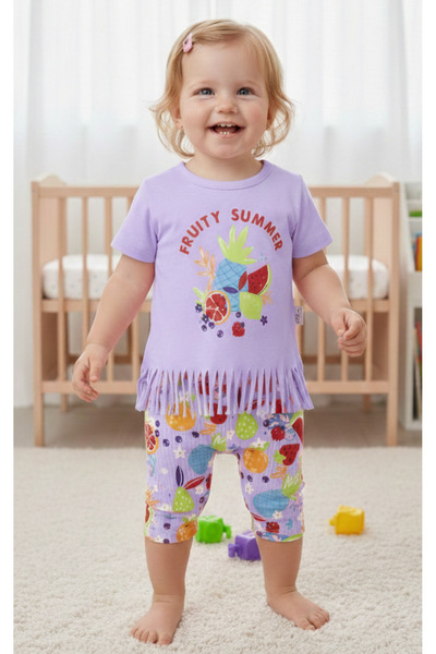 EYMİRGİYİM طقم أطفال بناتي صيفي من فروتي فروت مطبوع مزين بشراشيب من 6-9 أشهر،...