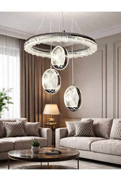 EY-EL TASARIM DURU KROM 3 TOPLU + ÇEMBER LEDLİ 3 RENK MODERN SARKIT AVİZE