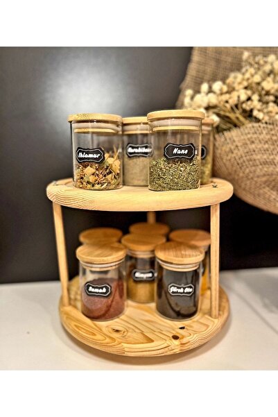 Pembelia Life Bambu Döner Standlı 12'li Bambu Vakumlu Kapaklı Cam 250 ml Baha...