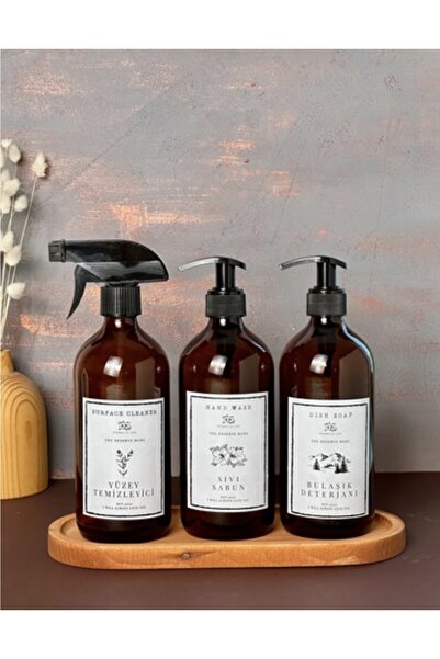 Pembelia Life Ahşap Standlı 3'lu Amber 500ml Cam Bulaşık Deterjan Sıvı Sabun ...