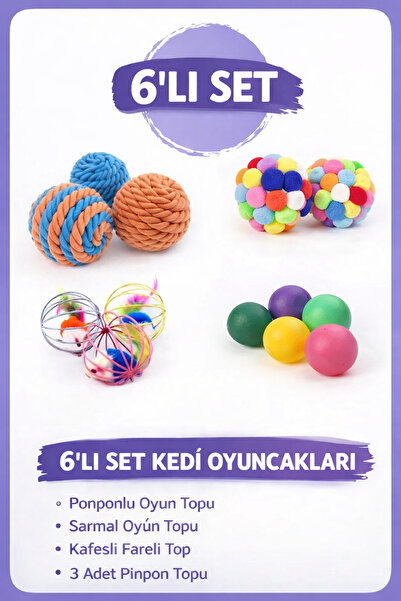 Tüylü Tezgah Kedi Oyun Seti 6'lı Kedi Oyuncağı Kedi Oyun Topları Sesli Oyunca...