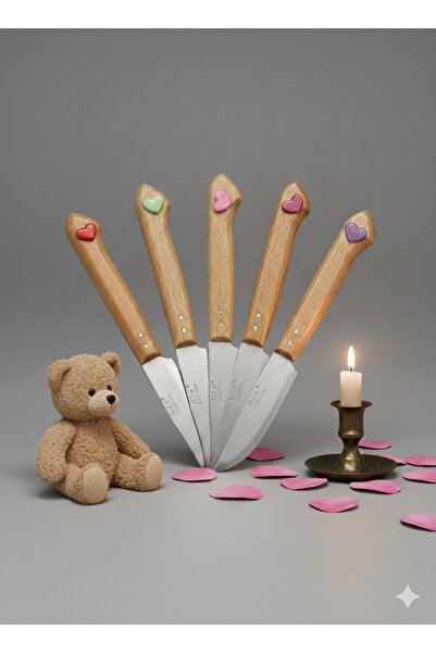 ALİBEYAVM Sevgi Enerji Motifli Doğal Ahşap Sap 5adet KalpMotifli MeyveBıçakSe...