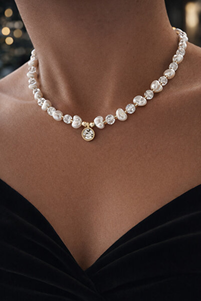 HERCY قلادة من حجر الزركون مع اللؤلؤ الباروكي وخرز الزجاج المكسور |   قلادة ن...