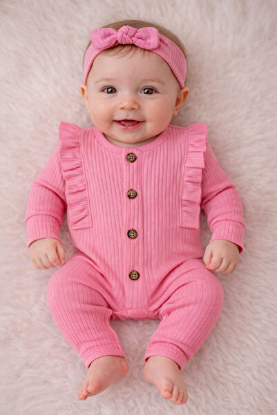 ELLO BABY Pembe Bandanalı Fırfırlı Ribana Bebek Tulum 3-6-9 Aylık