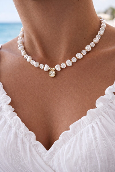 HERCY قلادة من حجر الزركون مع اللؤلؤ الباروكي وخرز الزجاج المكسور |   قلادة ن...