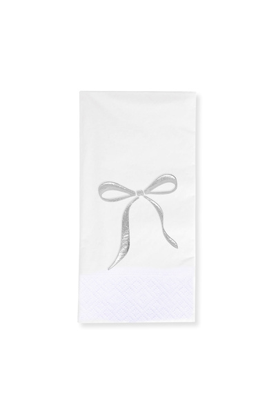 Story مناديل ورقية بيضاء اللون مقاس 33 × 33 سم، مزينة بشريط فضي على شكل فيونك...