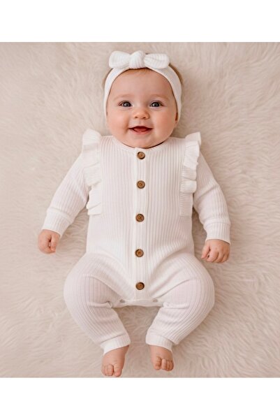 ELLO BABY Beyaz Bandanalı Fırfırlı 2’li Kız Bebek Tulum Seti 3-6-9 Aylık
