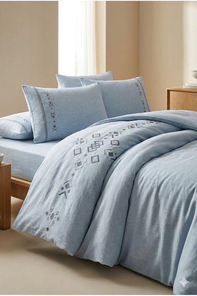 Altınbaşak Çift Kişilik Nevresim Takımı Opal Marble Keten Nakışlı (Özel)