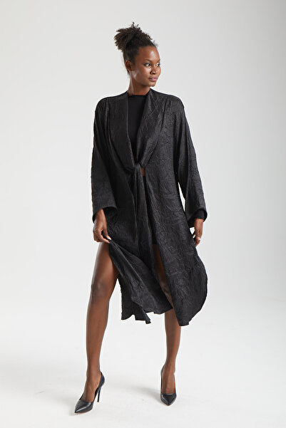 IMBUE Parachute Crinkle Textured Tied Black Long Kimono Jacket