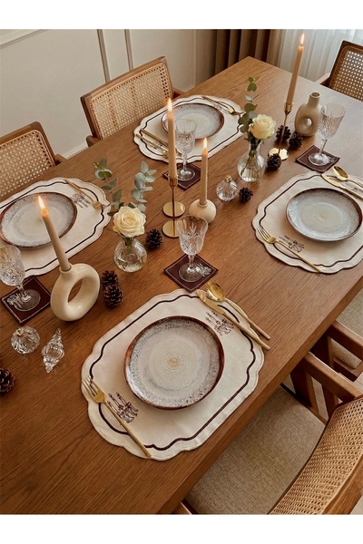 LİONYA DESİGN 4 Parça 2 Kişilik Şamdan Nakışlı Sofra Seti (2 Amerikan Servisi...