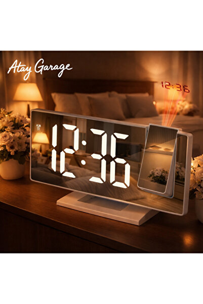 Atay Garage Geniş Ekran LED Projeksiyonlu Çalar Saat Masaüstü Dijital Saat Ay...