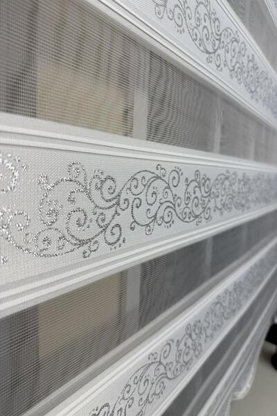 StorBurada Zebra Stor Perde Sarmaşık Desen Gümüş Simli Etek Dilimli STB9300 V 01