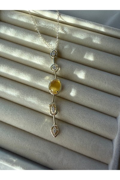LUSORA ACCESORY Y Necklace Women's Gold Color Chain Elegant Long Necklace with Yellow Stone - Stylish Stone Detailed Design"