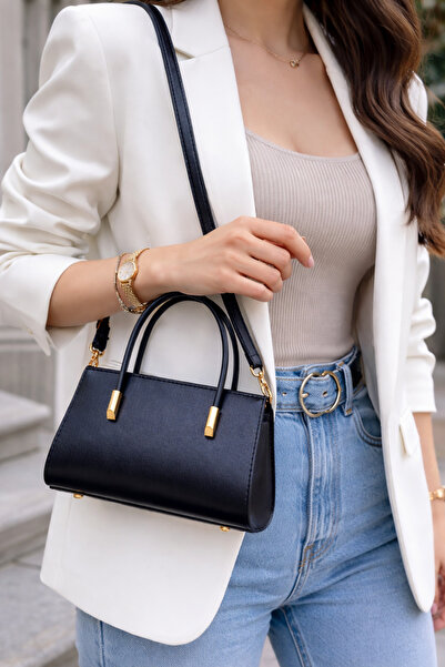 Women's Black Faux Leather Hand and Shoulder Bag Gold Detailed Stylish Design Suitable for Daily Use