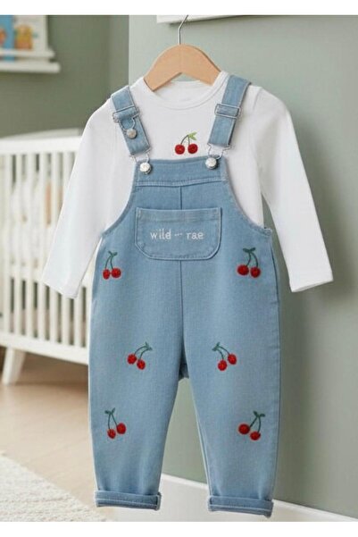 ALTINTAŞ BABY Kiraz Nakışlı Örme Kot Kumaş Salopet T-shirt Mevsimlik 2li Set