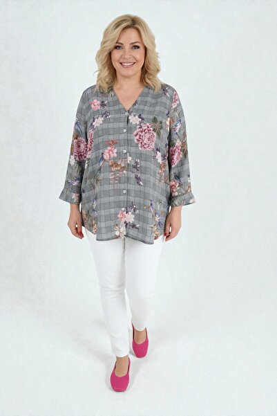 SHOPPEBUTİK V Yaka Önden Düğmeli Volan Kol Çiçek & Kuş Desenli Şık Bluz Günlü...