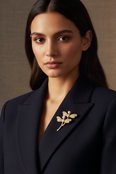 model aksesuar Yusufçuk Inci Ve Cam Taşlı Gold Broş