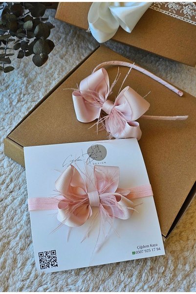 çiğdem kaya design Powdered Feather Bow Mother Baby Maternity Crown Set
