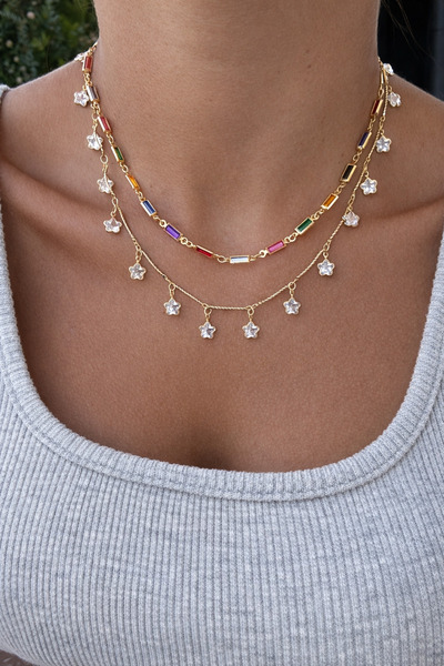 HERCY Altın Kaplama Zirkon Taşlı 2'li Kombin Kolye | Renkli Zirkon Taşlı ve S...