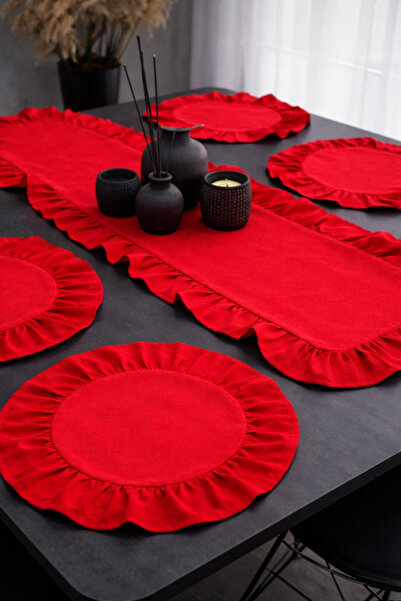 ÇIQRIK HOME 5 Parça Kırmızı Renk Masa seti 4 Adet Amerikan Servisi Supla + 1 ...