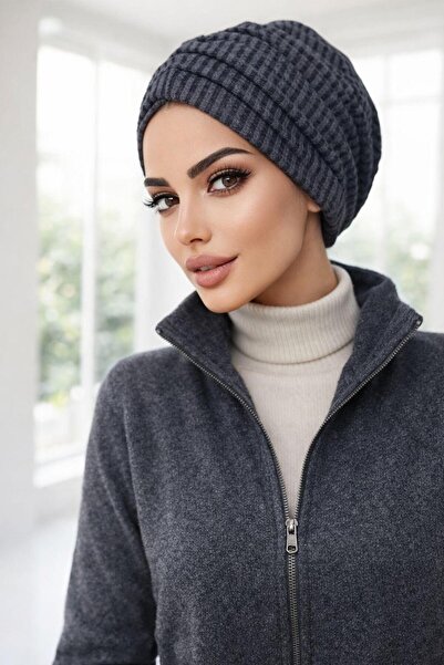 Aişe tesettür Füme Siyah Çizgili Büzgülü Salaş Bone