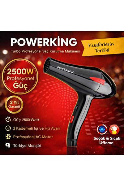 POWERKİNG 2500W profesyonel turbo saç kurutma fön makinesi