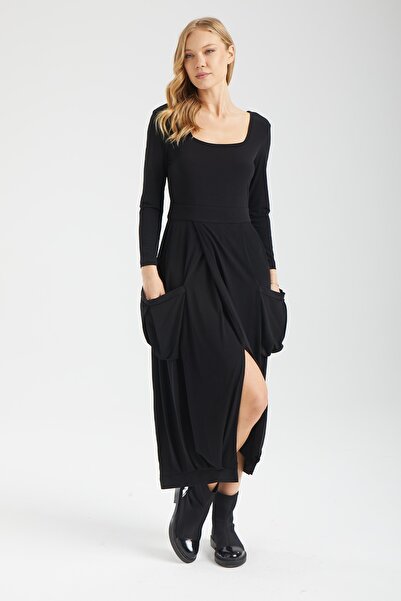 IMBUE فستان ميدي أسود بياقة مربعة مع منسدل جيوب بالون شق