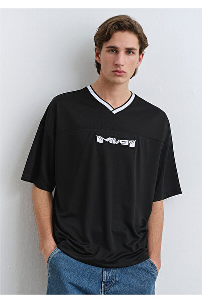 Mavi Tricou din jerseu negru cu broderie MV91, cu potrivire pătrată 0612577 -900