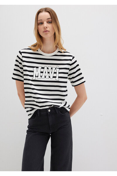 Mavi Logo Printed Black Striped T-Shirt Regular Fit / Normal Cut 1611360-84041