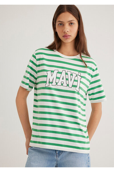 Mavi Logo Printed Green Striped T-Shirt Regular Fit / Normal Cut 1611360-84477