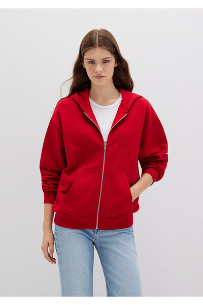 Mavi Fermuarlı Kapüşonlu Kırmızı Basic Sweatshirt 1611775-82054