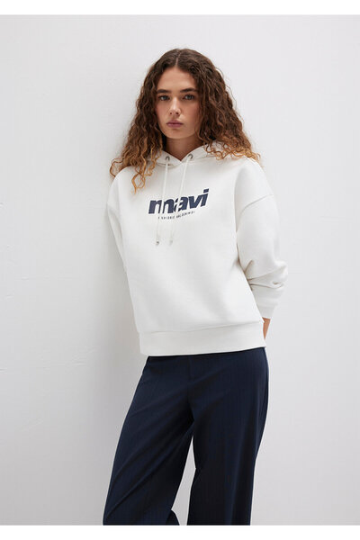 Mavi Logo Baskılı Kapüşonlu Ekru Sweatshirt 168334-81964