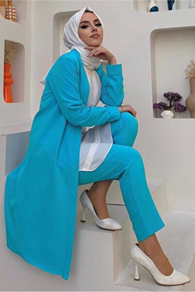TRENDTESETTÜR KADIN MAVİ KEMERLİ İKİLİ DÜZ KESİM PANTOLONLU TAKIM T 8137