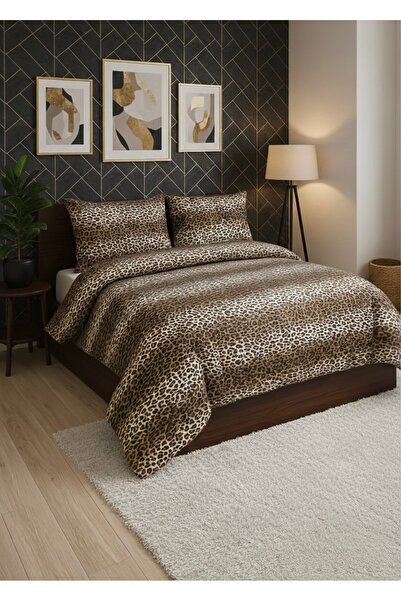 EVMER Set de lenjerie de pat dublu din bumbac Golden imprimeu leopard cu cear...