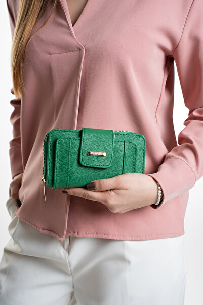 Newish Polo Women's Green Wallet with Leather-Look Zipper Compartments for Ca...