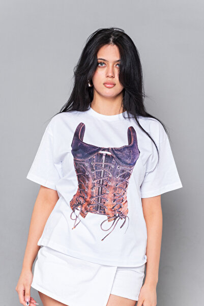 CİNEMA MODA Corset din denim cu imprimeu croi relaxat Alb Femei tricou