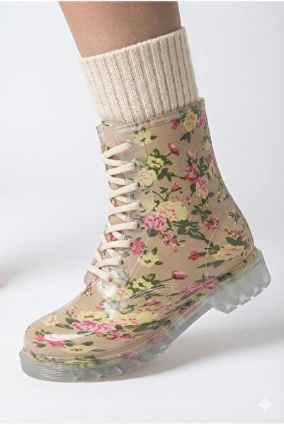Frida Shoes Frida Kadın Şeffaf Su Geçirmez Bot 13401-bej Çiçek Desenli
