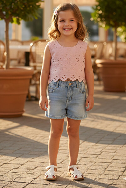 Bertuğ Bebek Sleeveless Dusty Rose Scallop Fabric Girl Child Baby Crop Top Bl...