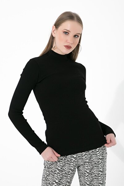 Lushen Siyah Uzun Kollu Yarım Boğazlı Balıkçı Yaka Likralı Penye Badi Body