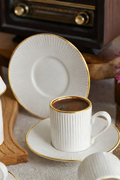 PLT Design Özel Tasarım Porselen 12 Parça 6 Kişilik Çizgili Kahve Fincan Takı...