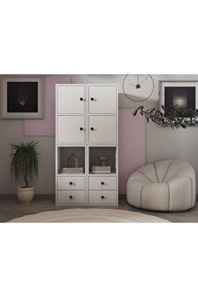 Nettrends Çekmeceli Kapaklı Raflı Beyaz Çok Amaçlı Dolap 65,4 cm Çıtalı Ça-d-...