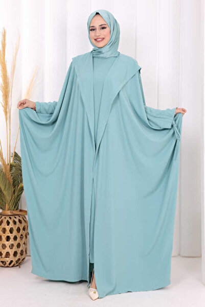 Bym Fashion Kapüşonlu Abaya ve Elbise İkili Takım 70013 Mint