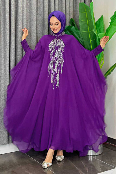 Bym Fashion Pul Payet İşlemeli Şifon Pelerinli Elbiseli Abiye Takım 3774 Mor