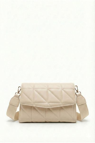 PurpleART حقيبة كتف نسائية مبطنة باللون الكريمي وحزام عمودي قابل للتعديل