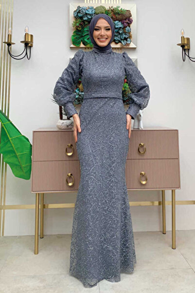 Bym Fashion Desenli Balonkol Görünümlü Simli Abiye Elbise 1144 Gri