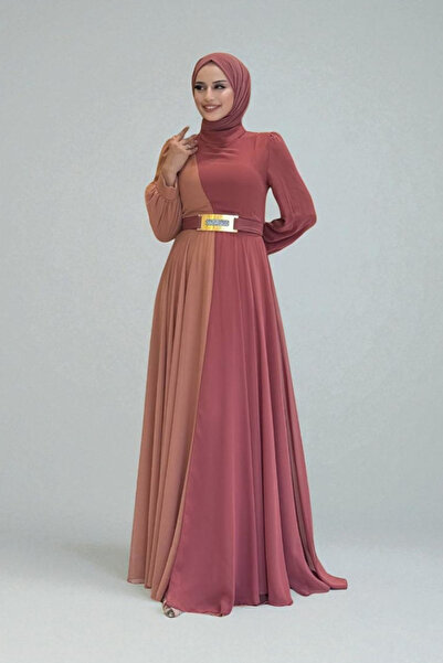 Bym Fashion İki Renkli Şifon Bel Kemer Aksesuarlı Abiye Elbise 3806 Gül Kurusu